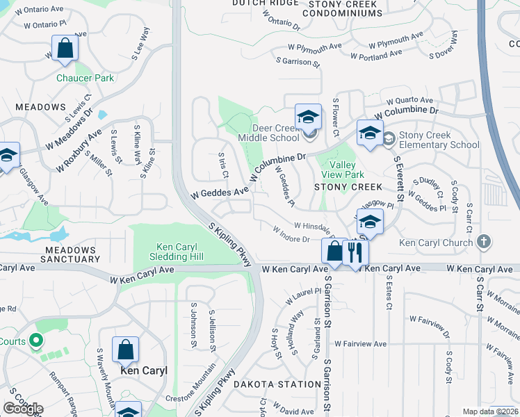 map of restaurants, bars, coffee shops, grocery stores, and more near 9544 West Hinsdale Place in Littleton