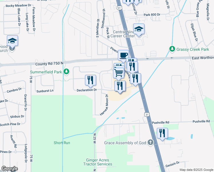 map of restaurants, bars, coffee shops, grocery stores, and more near 20 Village Crossing Drive in Greenwood