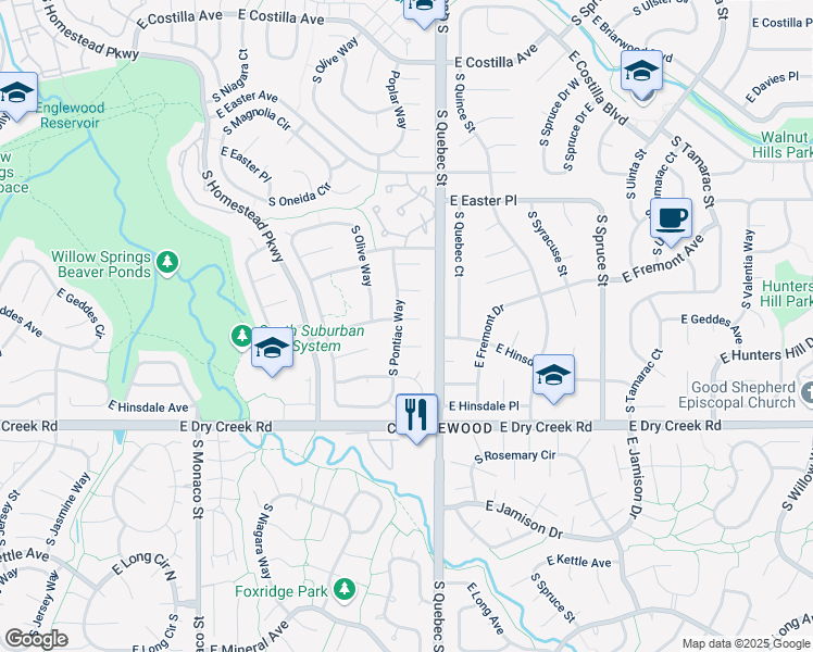 map of restaurants, bars, coffee shops, grocery stores, and more near 7200 East Geddes Place in Centennial