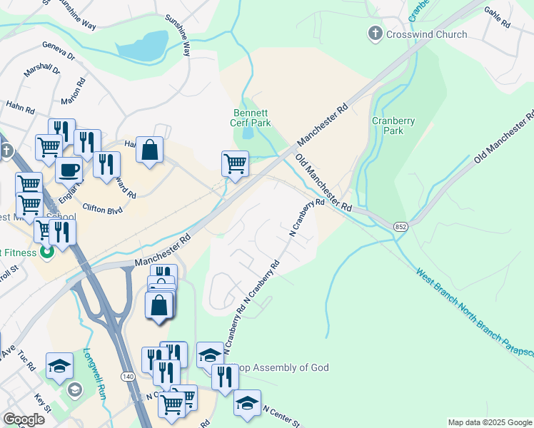 map of restaurants, bars, coffee shops, grocery stores, and more near 513 Gentry Court in Westminster