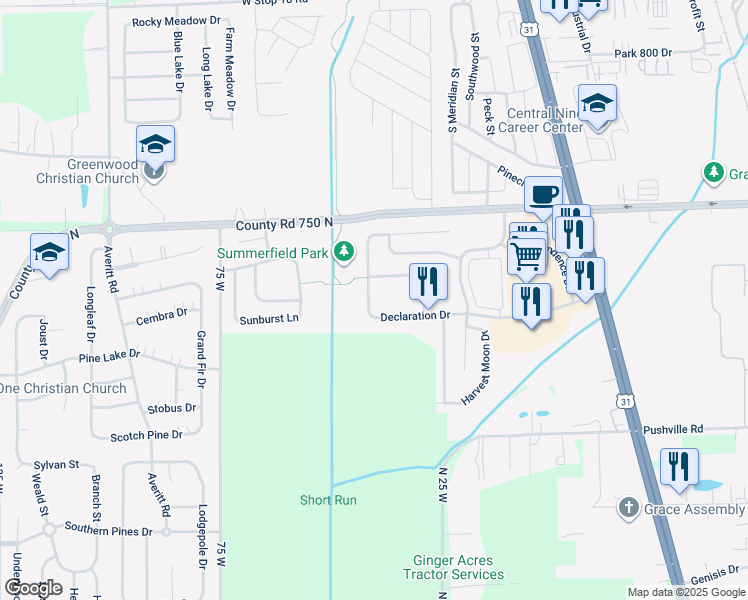 map of restaurants, bars, coffee shops, grocery stores, and more near 2225 Summer Breeze Way in Greenwood