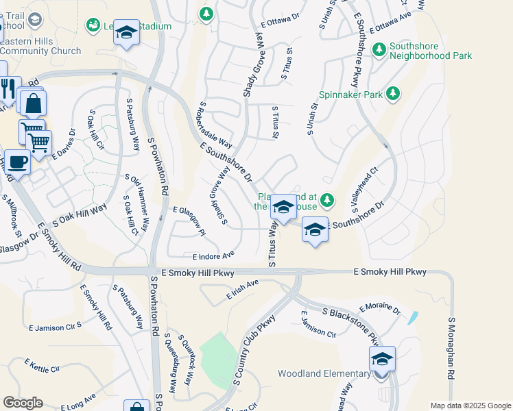 map of restaurants, bars, coffee shops, grocery stores, and more near 7334 South Scottsburg Way in Aurora
