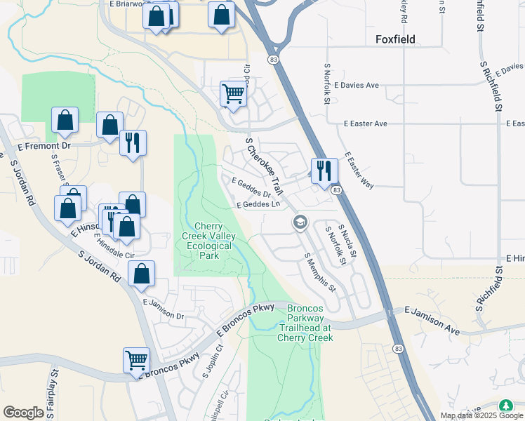 map of restaurants, bars, coffee shops, grocery stores, and more near 16180 East Geddes Lane in Aurora
