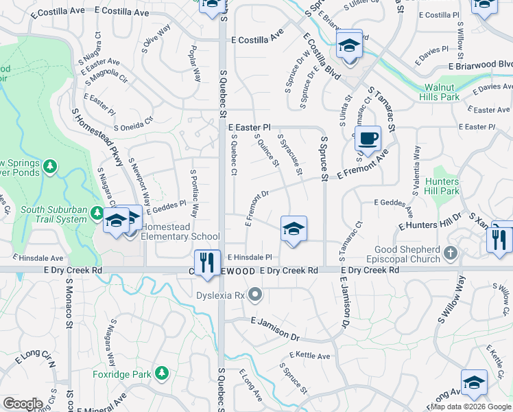 map of restaurants, bars, coffee shops, grocery stores, and more near 7455 East Fremont Drive in Centennial