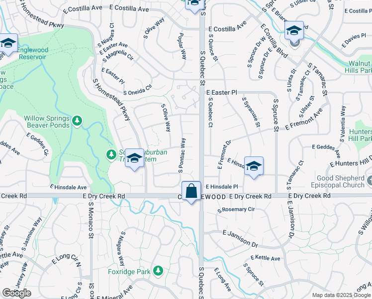 map of restaurants, bars, coffee shops, grocery stores, and more near 7200 East Geddes Place in Centennial