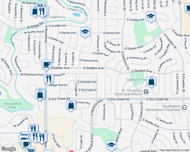 map of restaurants, bars, coffee shops, grocery stores, and more near 630 East Fremont Place in Centennial
