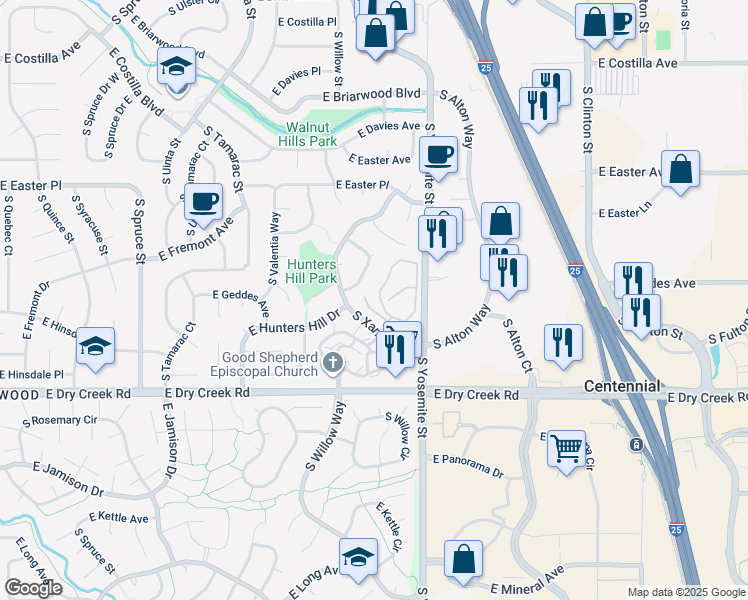 map of restaurants, bars, coffee shops, grocery stores, and more near 7256 South Xenia Circle in Centennial