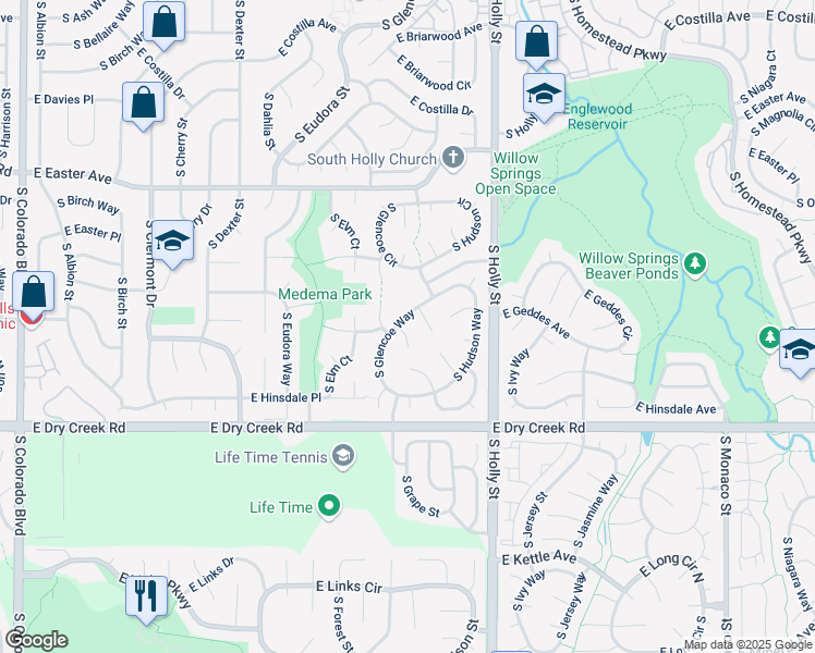 map of restaurants, bars, coffee shops, grocery stores, and more near 7368 South Forest Court in Centennial