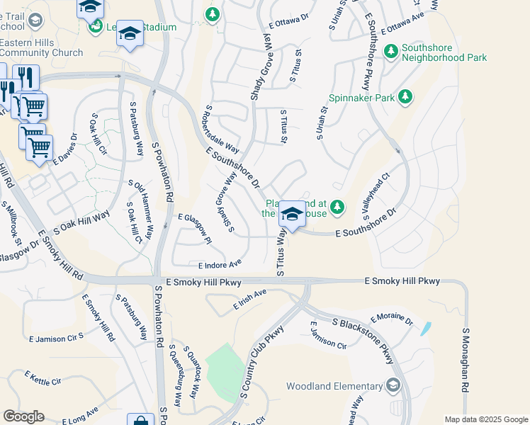 map of restaurants, bars, coffee shops, grocery stores, and more near 7334 South Scottsburg Way in Aurora