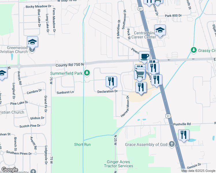 map of restaurants, bars, coffee shops, grocery stores, and more near 43 Frostwood Lane in Greenwood