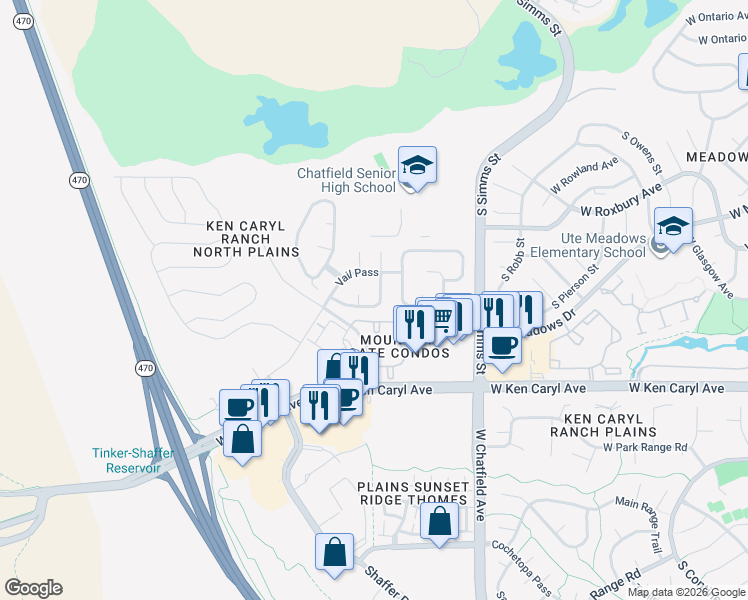 map of restaurants, bars, coffee shops, grocery stores, and more near 7345 Sheephorn Mountain in Littleton