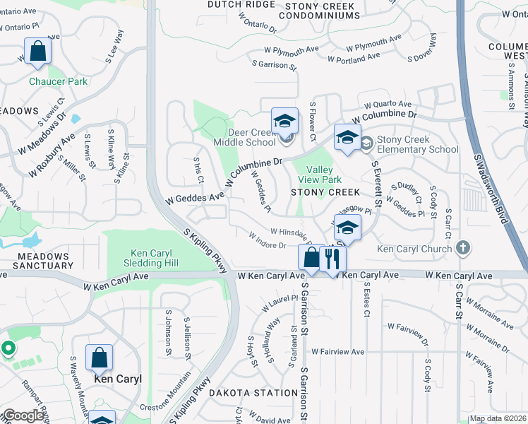 map of restaurants, bars, coffee shops, grocery stores, and more near 9346 West Geddes Place in Littleton