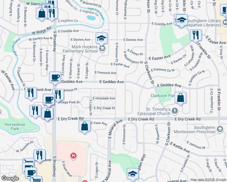 map of restaurants, bars, coffee shops, grocery stores, and more near 630 East Fremont Place in Centennial