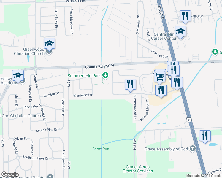 map of restaurants, bars, coffee shops, grocery stores, and more near 2222 Summer Breeze Way in Greenwood