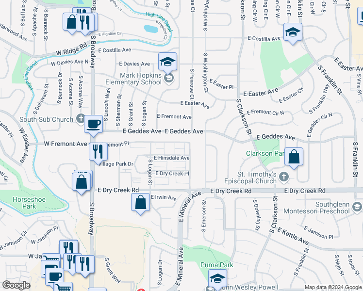 map of restaurants, bars, coffee shops, grocery stores, and more near 630 East Fremont Place in Centennial