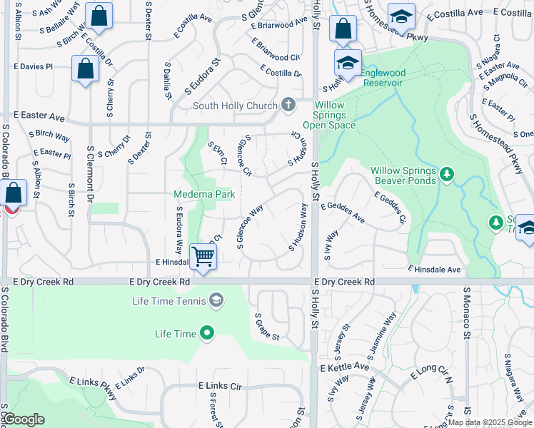 map of restaurants, bars, coffee shops, grocery stores, and more near 7368 South Forest Court in Centennial