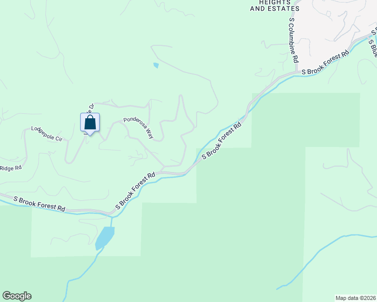 map of restaurants, bars, coffee shops, grocery stores, and more near 31643 Ponderosa Way in Evergreen