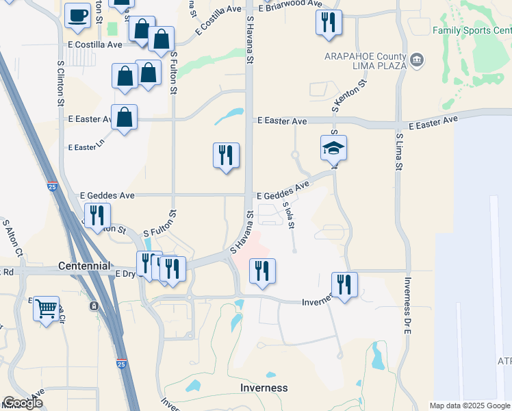 map of restaurants, bars, coffee shops, grocery stores, and more near 7308 South Havana Street in Centennial