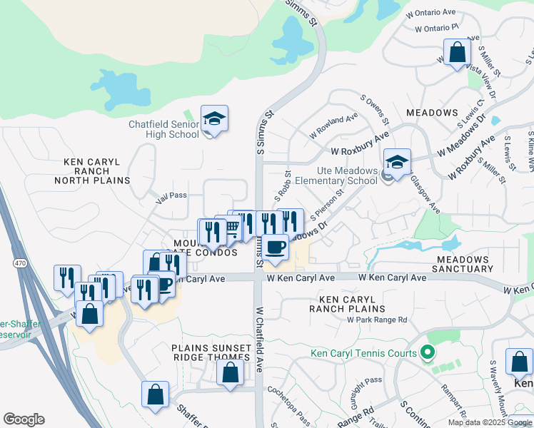 map of restaurants, bars, coffee shops, grocery stores, and more near 7357 South Robb Street in Littleton