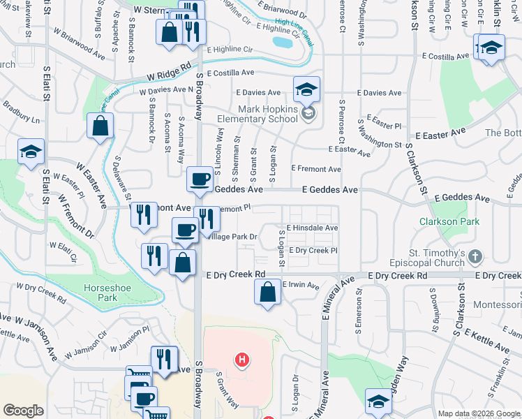 map of restaurants, bars, coffee shops, grocery stores, and more near 480 East Fremont Place in Littleton