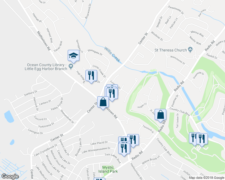map of restaurants, bars, coffee shops, grocery stores, and more near 22 Winged Foot Lane in Tuckerton