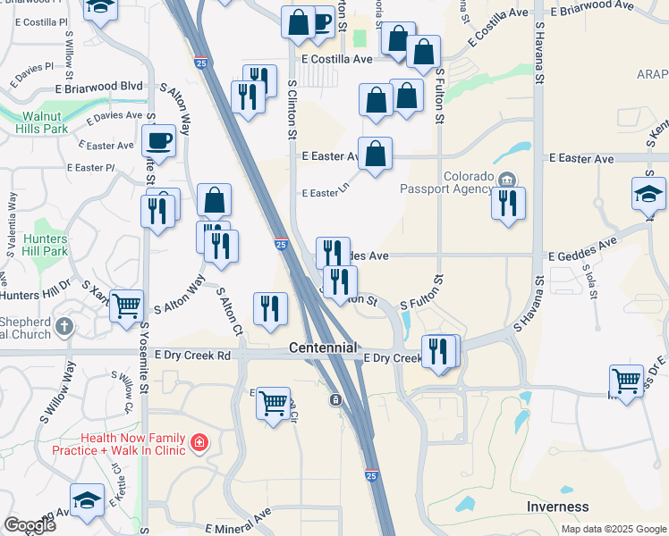 map of restaurants, bars, coffee shops, grocery stores, and more near 9640 East Geddes Avenue in Englewood