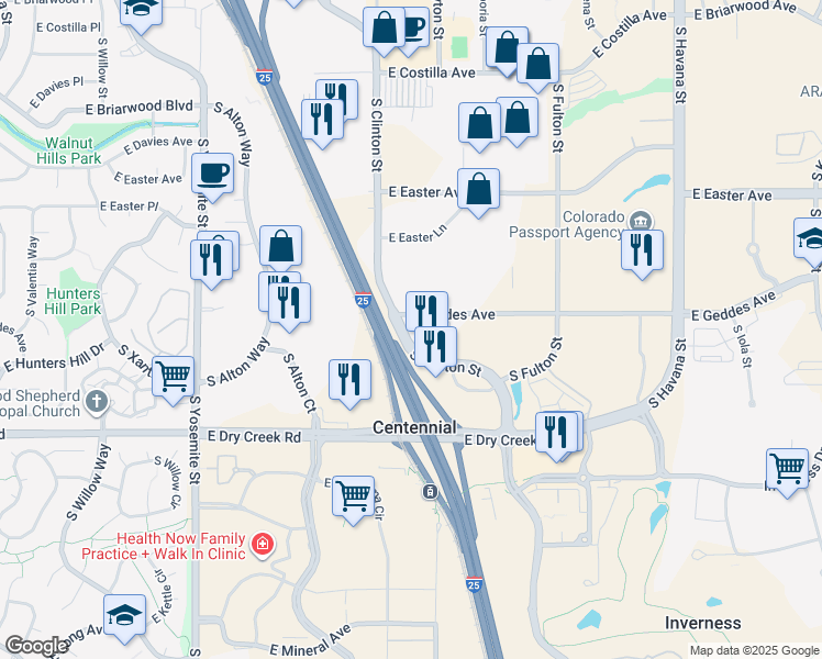 map of restaurants, bars, coffee shops, grocery stores, and more near 9640 East Geddes Avenue in Englewood
