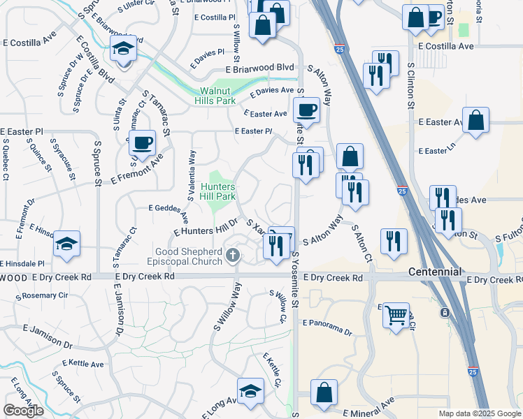 map of restaurants, bars, coffee shops, grocery stores, and more near 7258 South Xenia Circle in Centennial