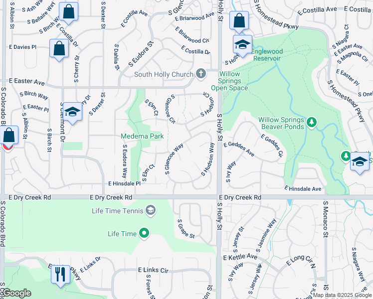 map of restaurants, bars, coffee shops, grocery stores, and more near 7368 South Forest Court in Centennial