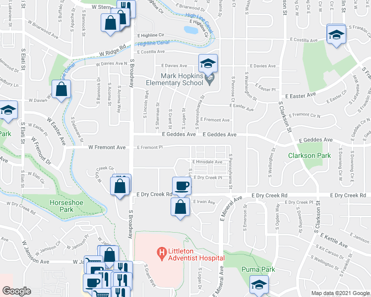 map of restaurants, bars, coffee shops, grocery stores, and more near 440 East Fremont Place in Littleton