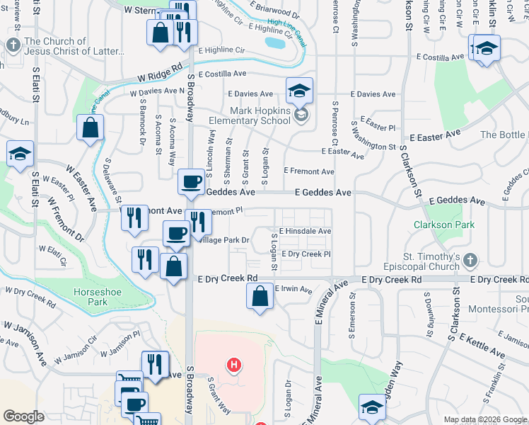 map of restaurants, bars, coffee shops, grocery stores, and more near 440 East Fremont Place in Littleton