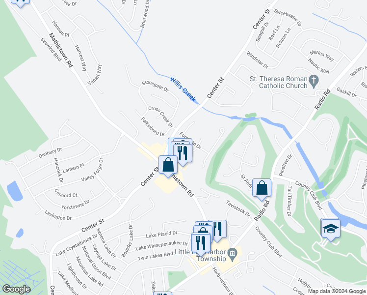 map of restaurants, bars, coffee shops, grocery stores, and more near 22 Winged Foot Lane in Little Egg Harbor Township