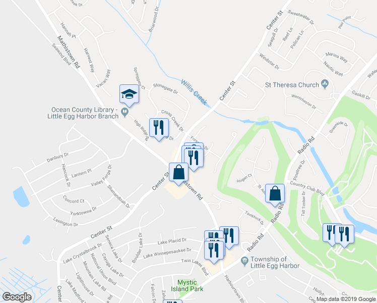 map of restaurants, bars, coffee shops, grocery stores, and more near 16 Winged Foot Lane in Little Egg Harbor Township