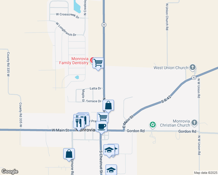 map of restaurants, bars, coffee shops, grocery stores, and more near 395 North Chestnut Street in Monrovia