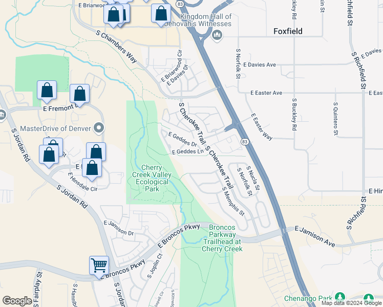 map of restaurants, bars, coffee shops, grocery stores, and more near 16190 East Geddes Lane in Aurora