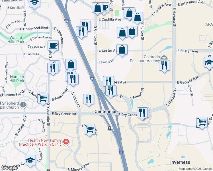 map of restaurants, bars, coffee shops, grocery stores, and more near 9640 East Geddes Avenue in Englewood