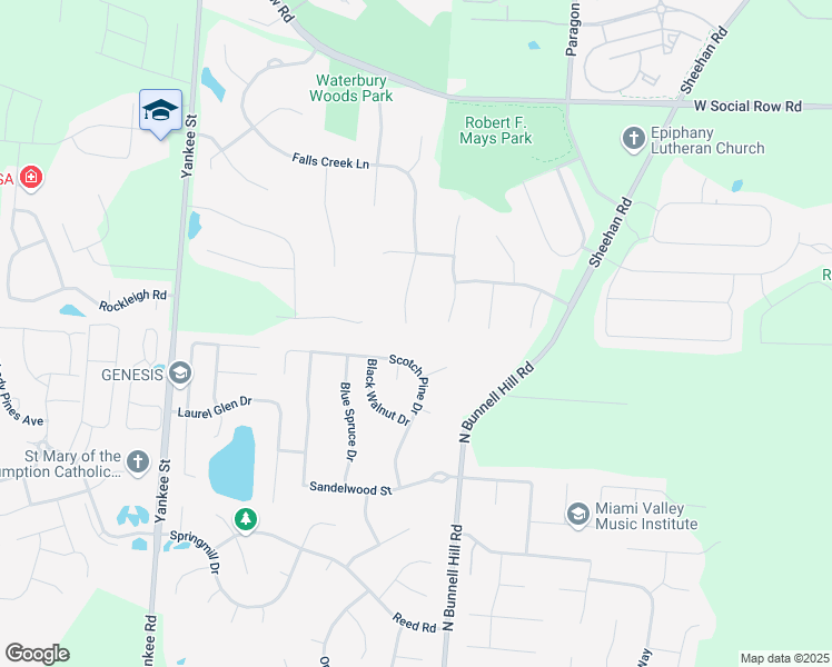 map of restaurants, bars, coffee shops, grocery stores, and more near 10810 Falls Creek Lane in Dayton