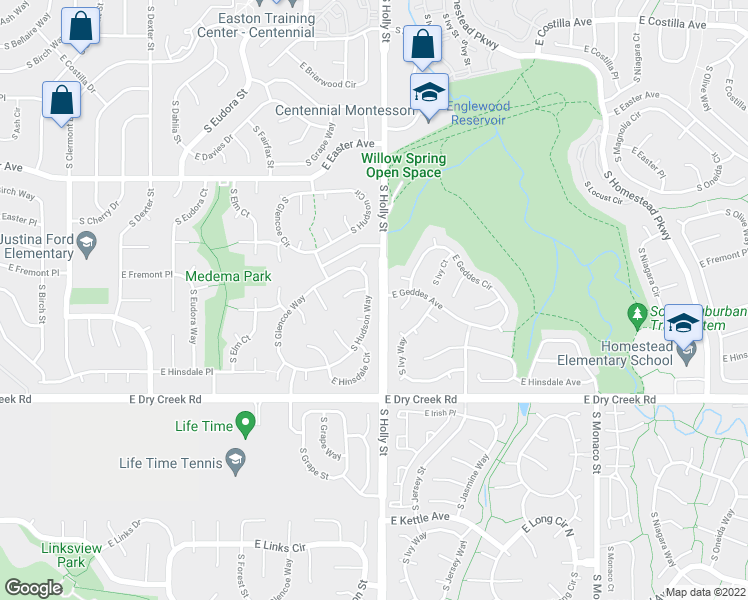 map of restaurants, bars, coffee shops, grocery stores, and more near 7338 South Hudson Way in Centennial