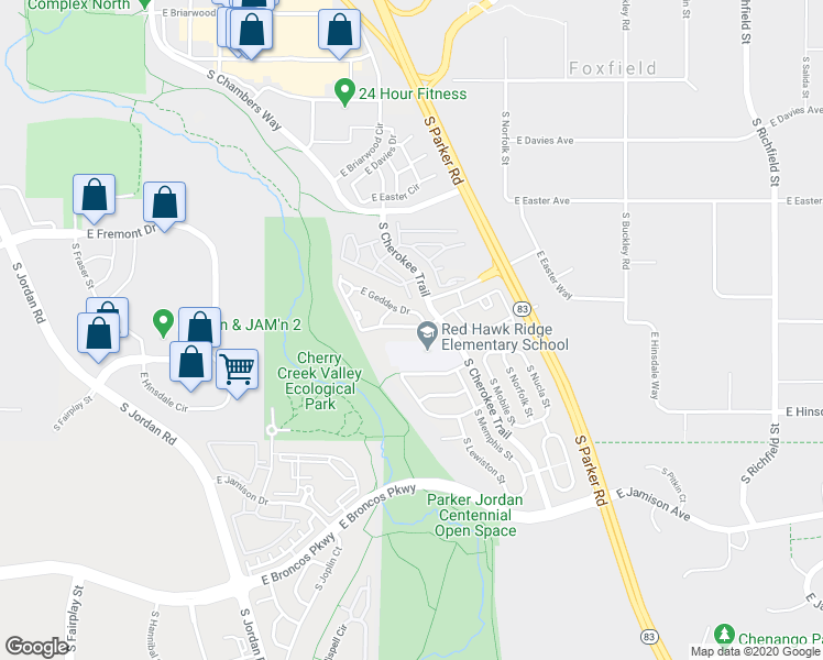 map of restaurants, bars, coffee shops, grocery stores, and more near 16180 East Geddes Lane in Aurora