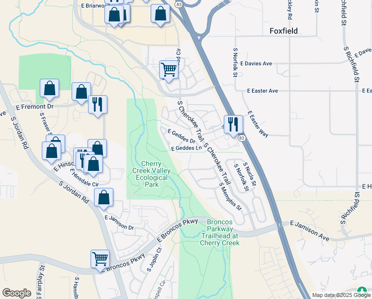 map of restaurants, bars, coffee shops, grocery stores, and more near 16180 East Geddes Lane in Aurora