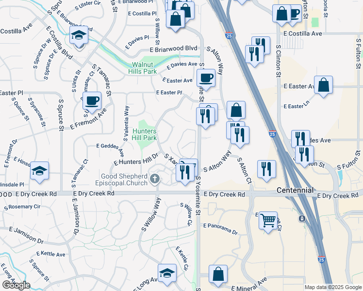 map of restaurants, bars, coffee shops, grocery stores, and more near 7258 South Xenia Circle in Centennial