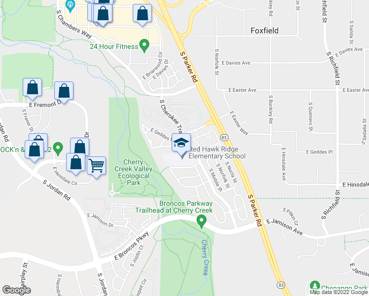 map of restaurants, bars, coffee shops, grocery stores, and more near 16294 East Geddes Lane in Aurora