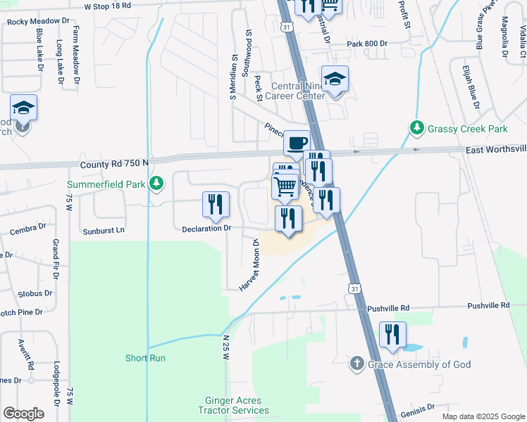 map of restaurants, bars, coffee shops, grocery stores, and more near 2228 Village Crossing Drive in Greenwood