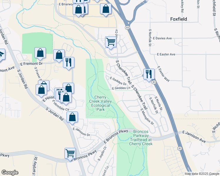 map of restaurants, bars, coffee shops, grocery stores, and more near 16098 East Geddes Lane in Aurora