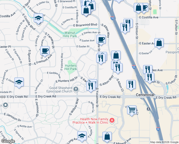 map of restaurants, bars, coffee shops, grocery stores, and more near 7258 South Xenia Circle in Centennial