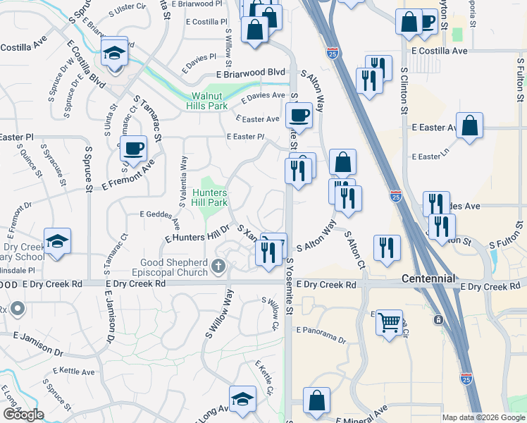 map of restaurants, bars, coffee shops, grocery stores, and more near 7258 South Xenia Circle in Centennial