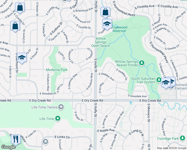 map of restaurants, bars, coffee shops, grocery stores, and more near 7348 South Hudson Way in Centennial