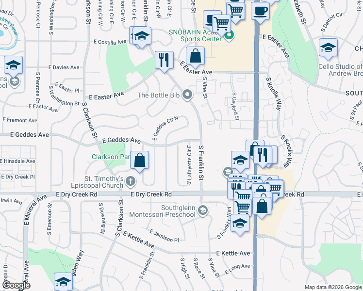 map of restaurants, bars, coffee shops, grocery stores, and more near 7338 South Lafayette Circle West in Centennial
