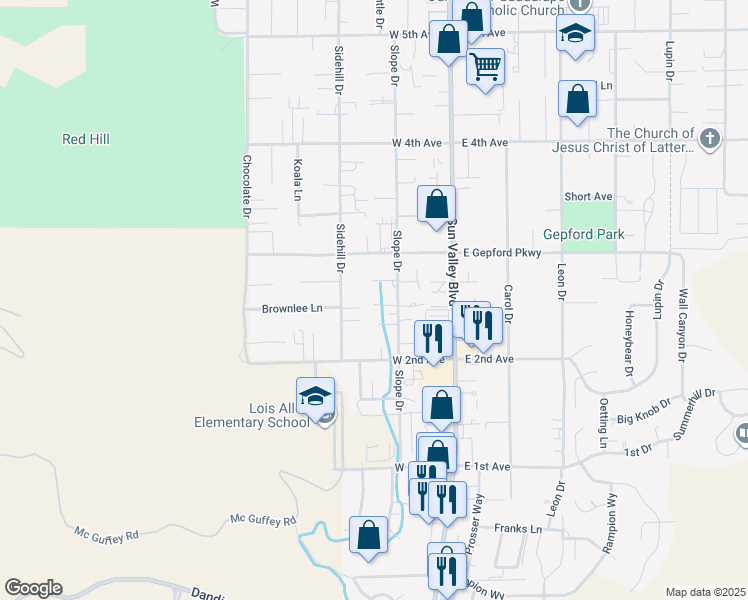 map of restaurants, bars, coffee shops, grocery stores, and more near 5249 Slope Drive in Sun Valley