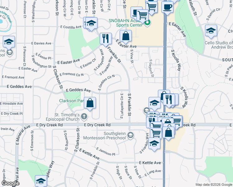 map of restaurants, bars, coffee shops, grocery stores, and more near 7338 South Lafayette Circle West in Centennial